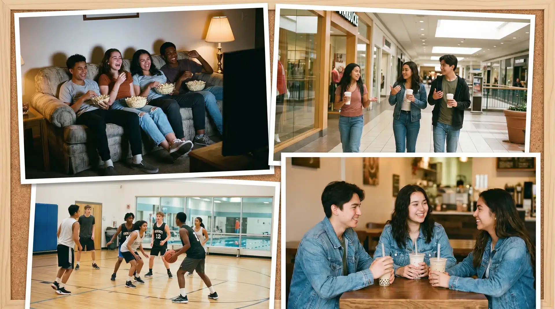 Four-panel collage of teens enjoying low-cost spots: watching a movie, walking at a mall, playing basketball, and chatting at a café.