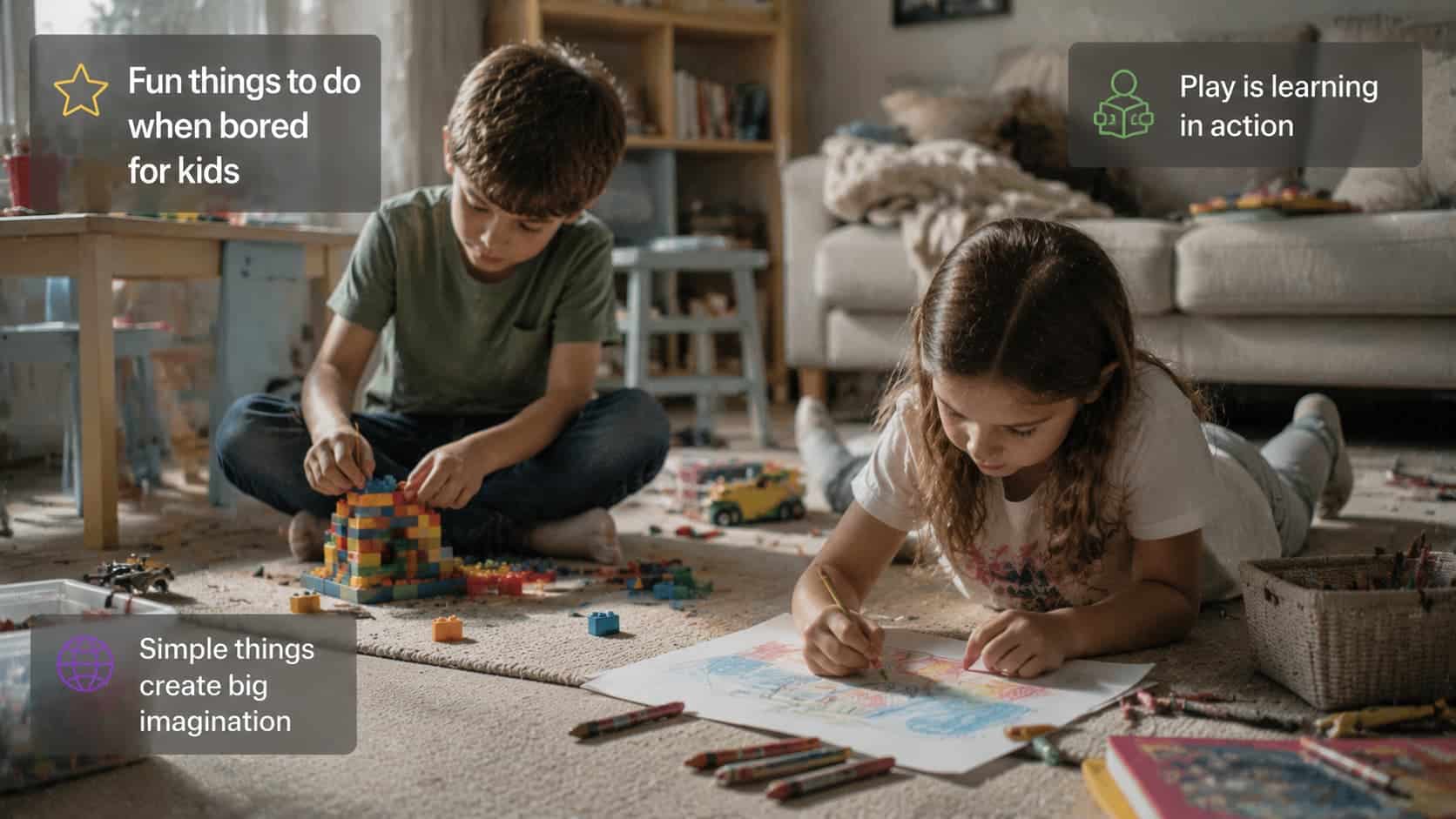 Two children sitting on the floor playing with colorful building blocks, with text overlays sharing ideas for when kids are bored.