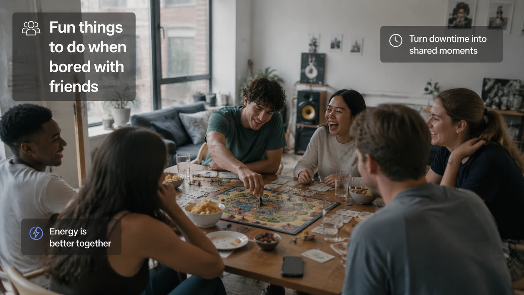 A group of friends laughing and playing a board game around a coffee table, with text overlays sharing ideas for when you are bored.