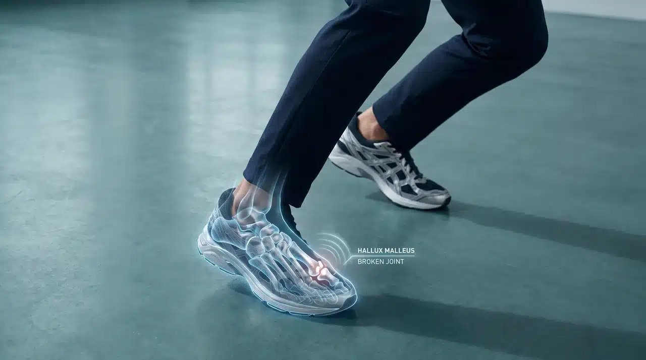 Left foot in front, big-toe side facing camera, with transparent holographic hallux malleus shown during a walking step.