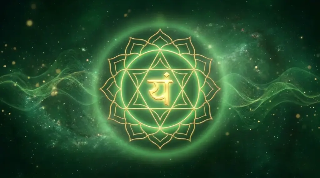Heart chakra symbol with green cosmic energy, sacred geometry, and glowing YAM mantra.