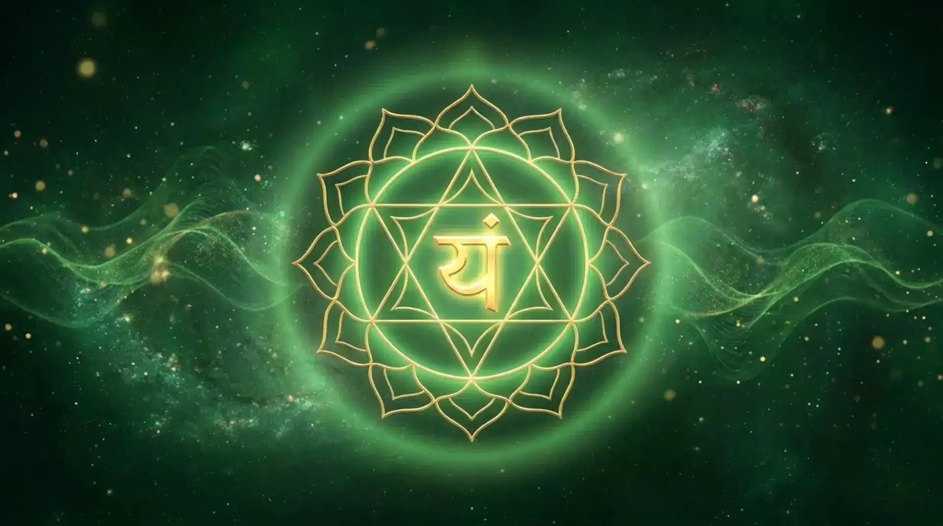 Heart chakra symbol with green cosmic energy, sacred geometry, and glowing YAM mantra.