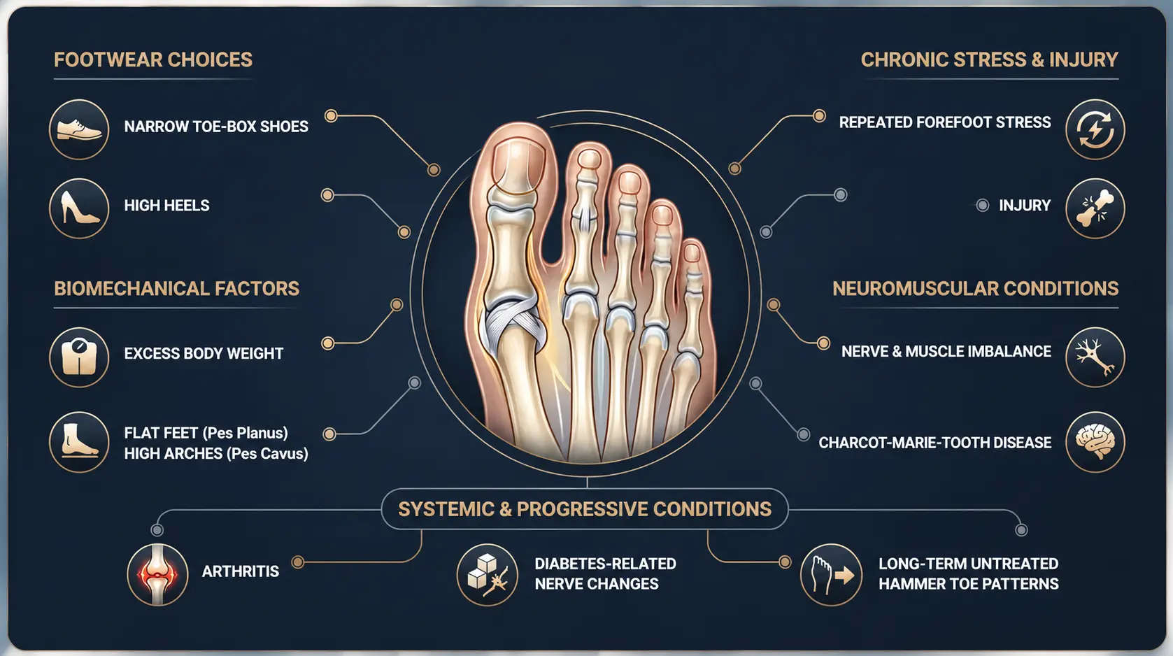 Medical infographic showing hallux malleus causes with toe anatomy, shoes, foot shapes, nerve issues, arthritis, and diabetes.
