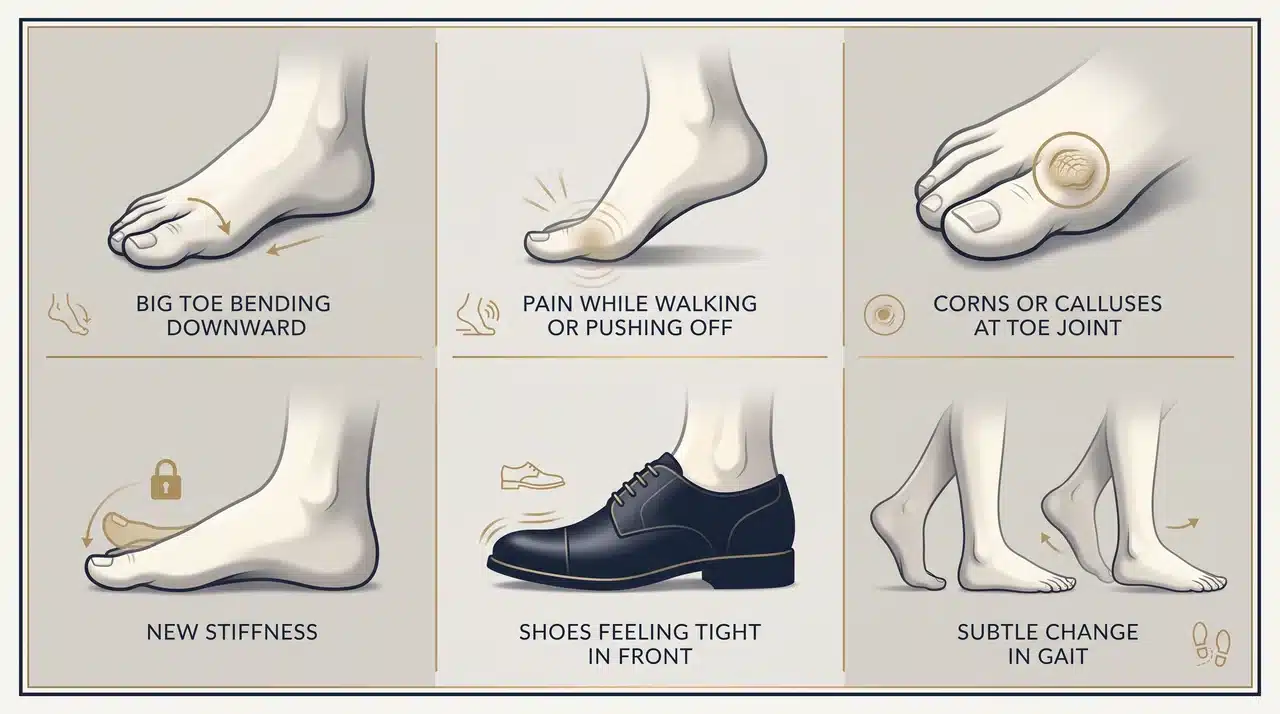 Six-panel collage showing early hallux malleus signs: bent big toe, walking pain, corns, stiffness, tight shoes, and gait change.