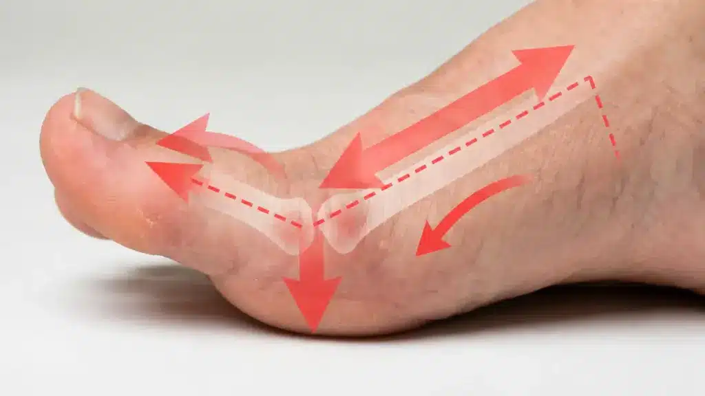 Close-up side view of hallux malleus with bent big toe and red arrows showing abnormal force and pressure across the forefoot.