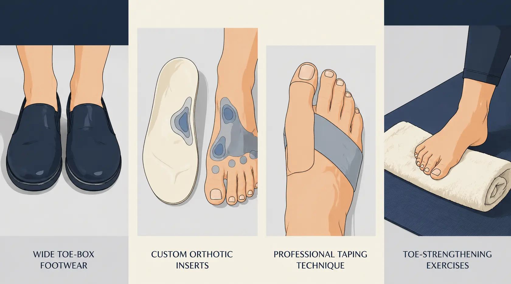Four-panel collage showing non-surgical hallux malleus care: wide shoes, orthotics, toe taping, and strengthening exercises.
