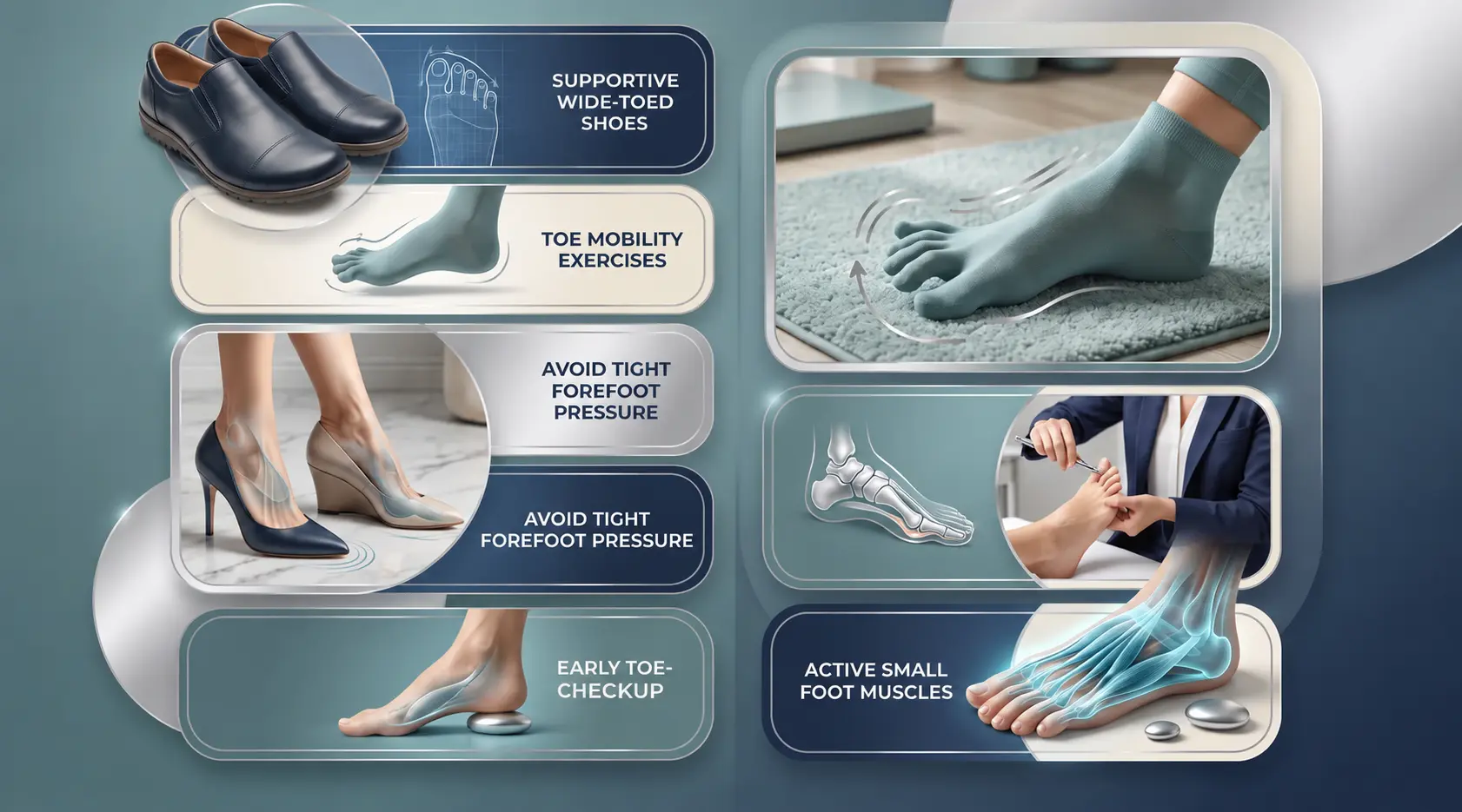 Collage showing hallux malleus prevention with wide shoes, toe exercises, early checkup, and strong foot muscles.
