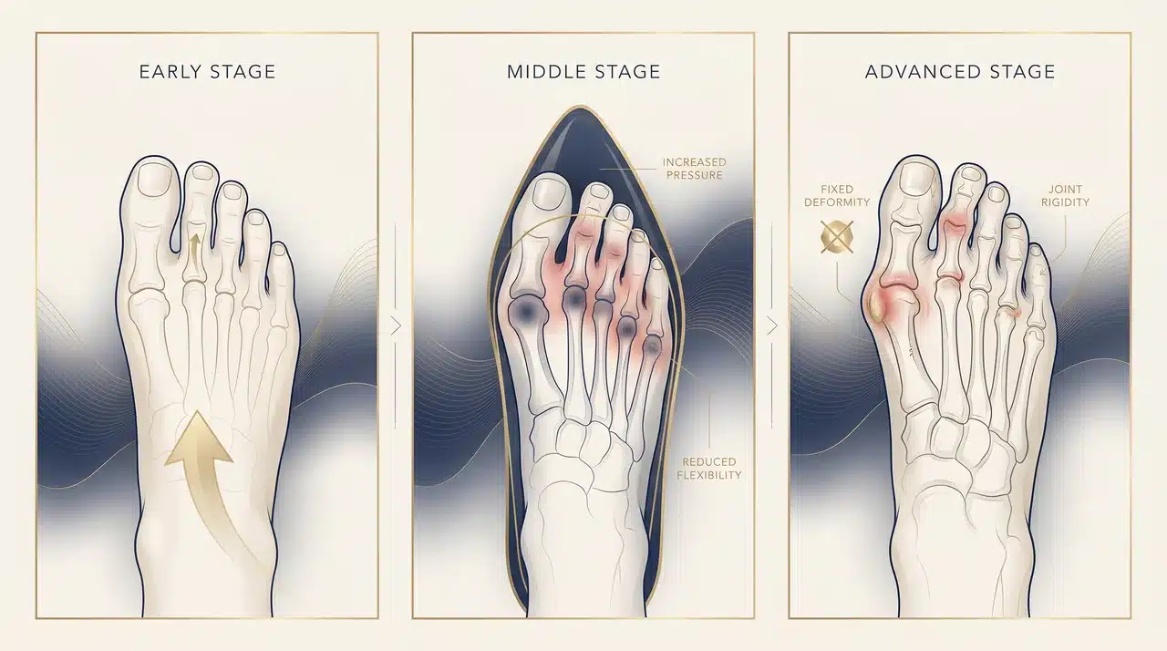 Three-stage infographic showing hallux malleus progression from flexible toe to stiff, fixed deformity with increasing shoe pain.