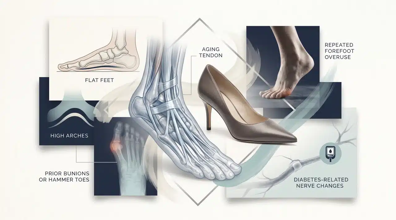 Overlapping collage of hallux malleus risk factors: tight shoes, aging tendons, overuse, foot shape, diabetes, and prior toe deformity.