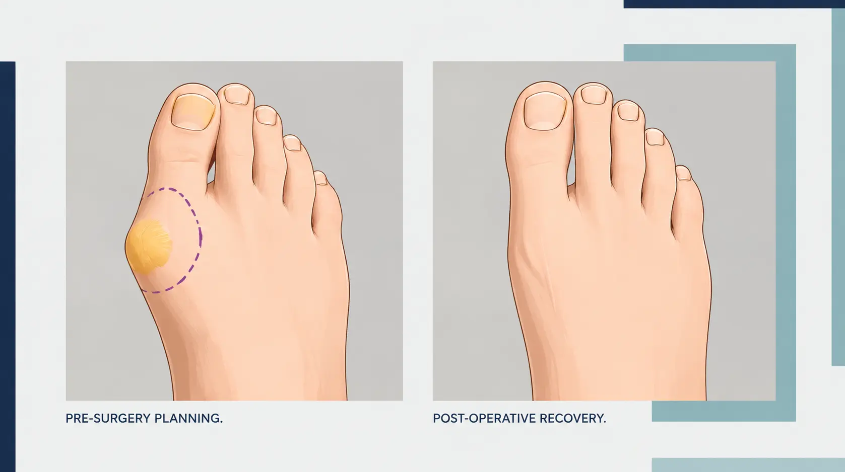 Side-by-side foot collage showing hallux malleus before surgery with purple marking and after surgery with aligned toe and minimal scarring.