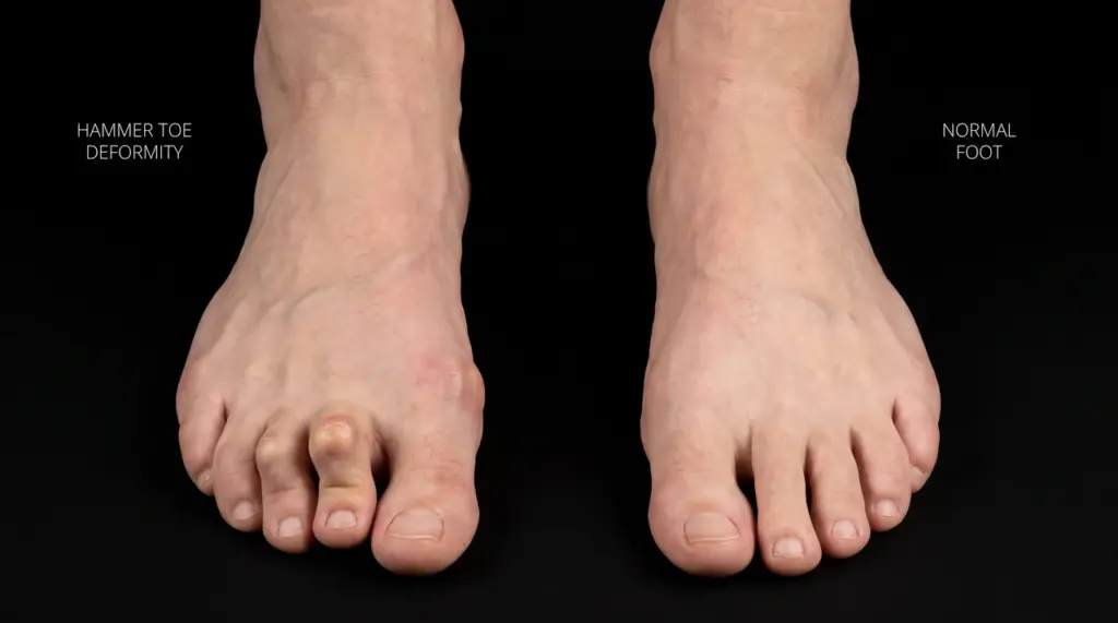 Frequently Asked Questions Can Hammer Toe Go Away on Its Own? No. It does not resolve without treatment. Early cases can improve with changes in exercise and footwear, but the condition will not self-correct. Does Walking Barefoot Help Hammer Toe? Walking barefoot on safe, flat surfaces may improve toe muscle activation. It does not reverse a hammer toe that has already become rigid. Can Toe Spacers Fix Hammer Toe? Toe spacers can help improve alignment and reduce pressure between toes, especially in the early stages. However, they do not fully correct rigid hammer toe. Can you reverse a hammer toe? Yes, but only while it remains flexible. Regular exercises and shoe changes can correct a flexible hammer toe. A rigid hammer toe requires medical or surgical intervention. How Can I Fix My Hammer Toe at Home? Switch to wide-toe-box shoes, do daily toe stretches, and use gel pads to reduce friction. These steps work best when the toe is still flexible and not yet rigid.