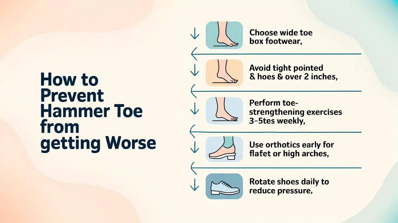 Five-step infographic showing hammer toe prevention: shoes, exercises, orthotics, and shoe rotation habits.
