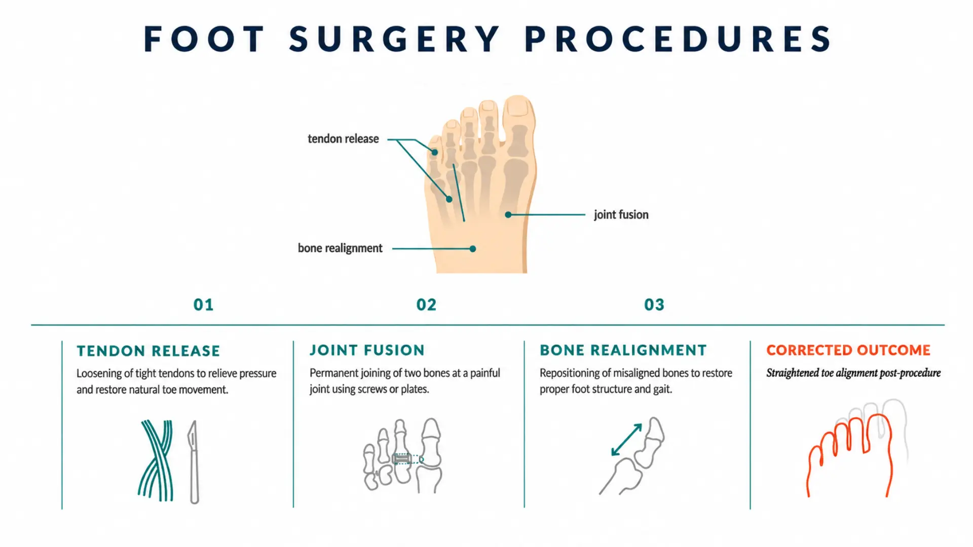 Hammer toe surgery options infographic showing tendon release, joint fusion, and bone realignment procedures.