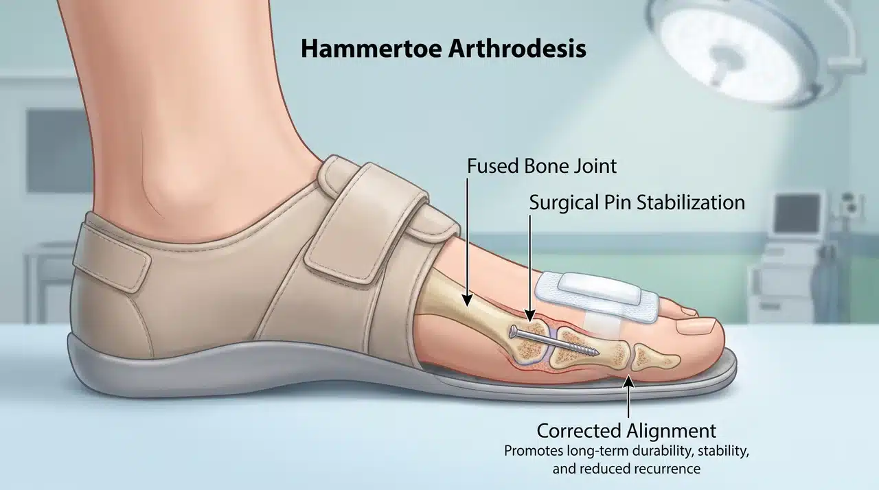 Arthrodesis for hammertoe showing joint fusion with pin or implant stabilizing a straight toe.