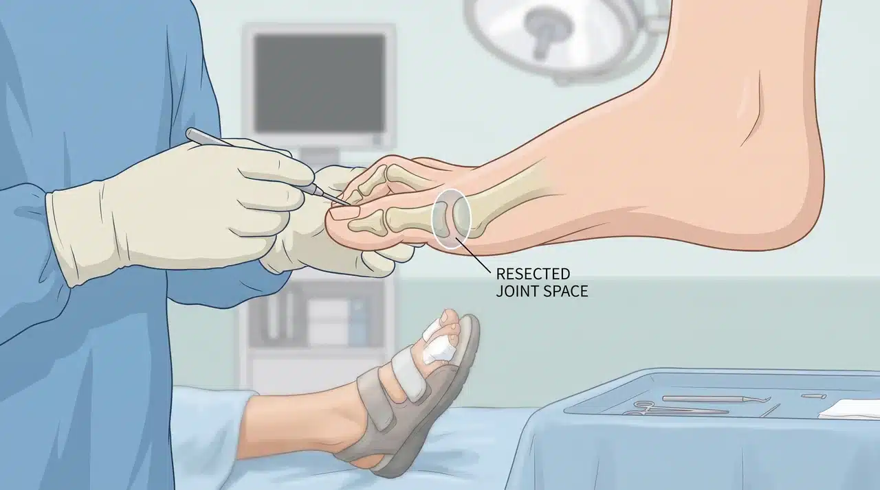 Inforgraphic depicting arthroplasty for hammertoe with joint resection to straighten the toe and relieve pressure.
