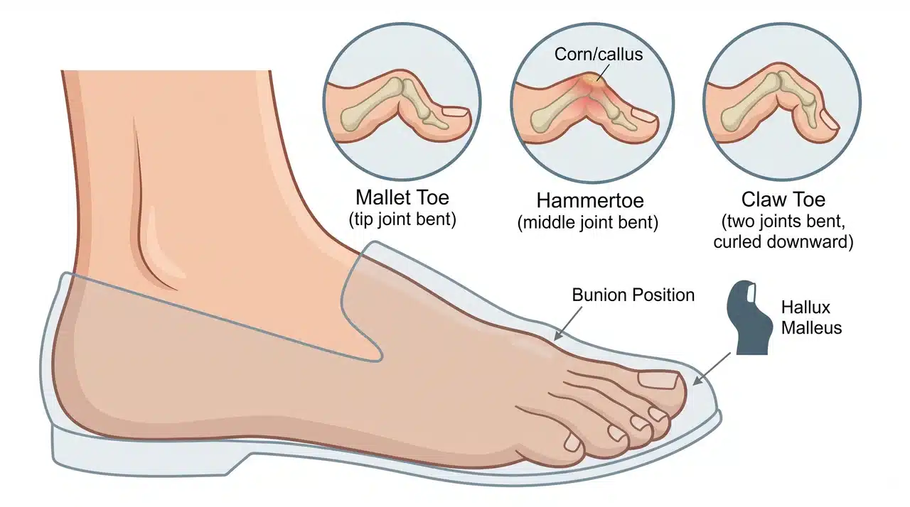 Left foot graphic showing a hammertoe with insets for mallet and claw toes, corn on joint, and shoe pressure illustration.