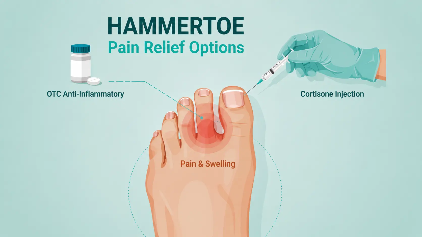 Hammer toe pain relief illustration showing swelling, ibuprofen, and cortisone injection treatment options.