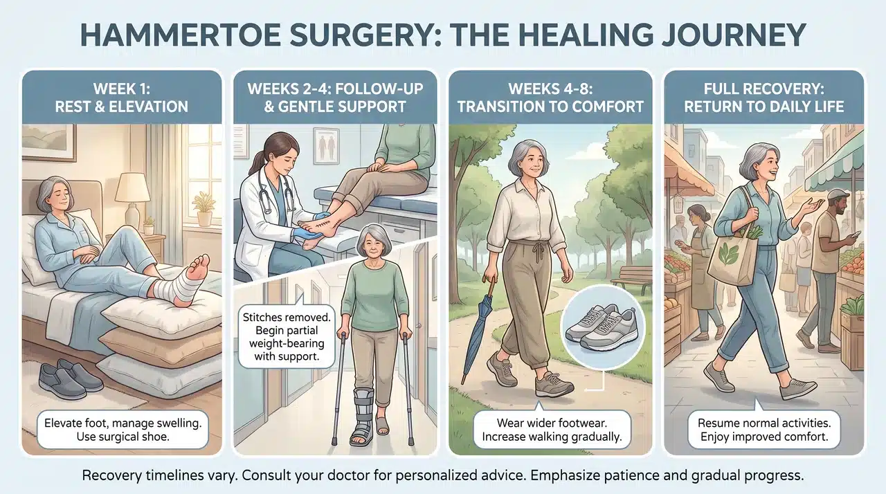 Four-stage hammertoe recovery infographic showing elevation, stitch removal, wider shoes, and return to normal walking.