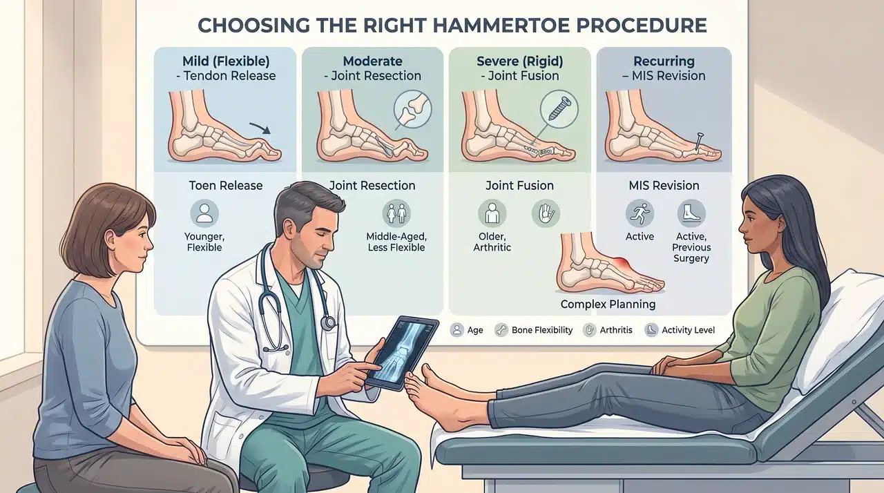 Doctor explains hammertoe surgery options patient infographic comparing flexible moderate severe and MIS revision procedure.
