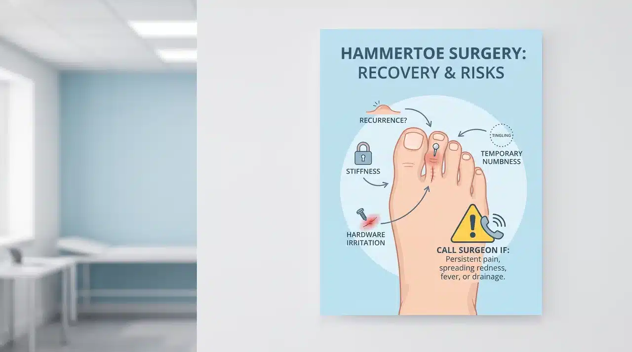 Medical poster explaining hammertoe surgery risks, including recurrence, stiffness, infection, hardware irritation, and numbness warning signs.