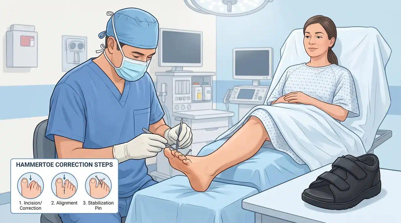 Surgeon corrects a hammertoe in a sterile operating room, with anesthesia, small incision, alignment, and protective shoe.