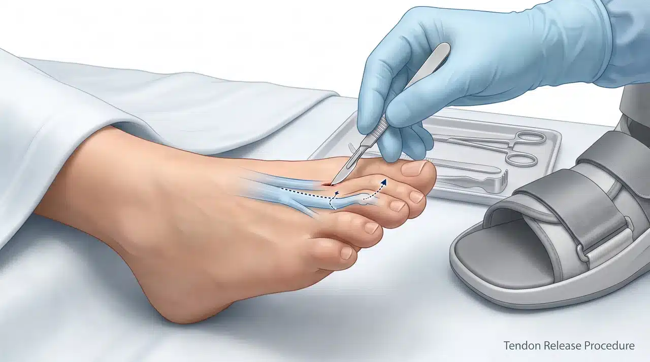 Tenotomy for hammertoe showing tendon release through a small incision and toe straightening.