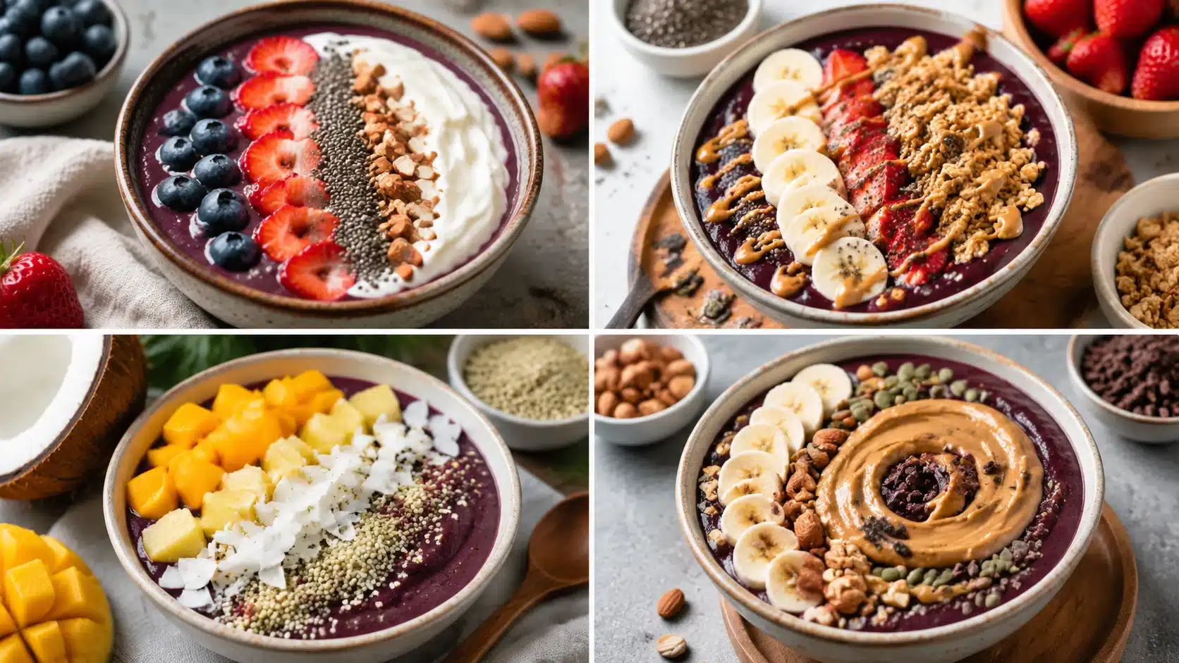 Four healthy acai bowl recipes with yogurt, chia seeds, tropical fruits, and nut butter toppings in a 4-panel collage