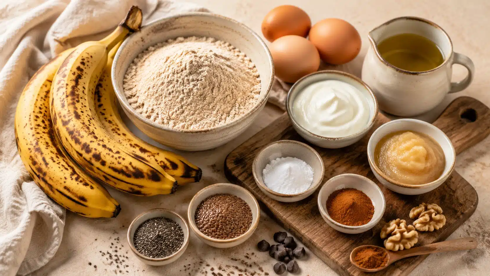 Healthy banana bread ingredients including ripe bananas, whole wheat flour, eggs, yogurt, olive oil, cinnamon, and baking essentials.