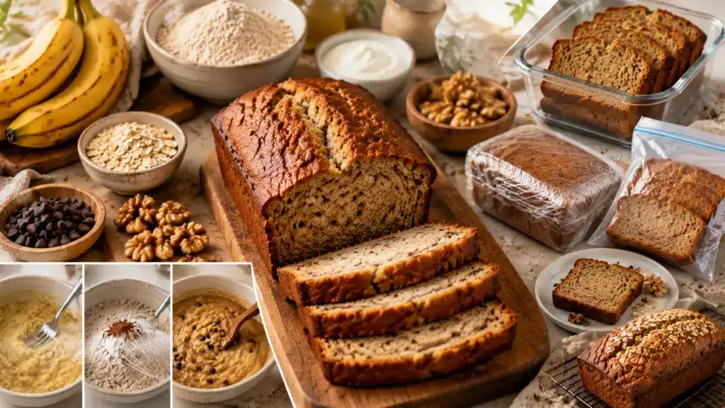 Healthy banana bread loaf with ripe bananas, oats, nuts, baking ingredients, and storage options arranged on a warm kitchen surface.