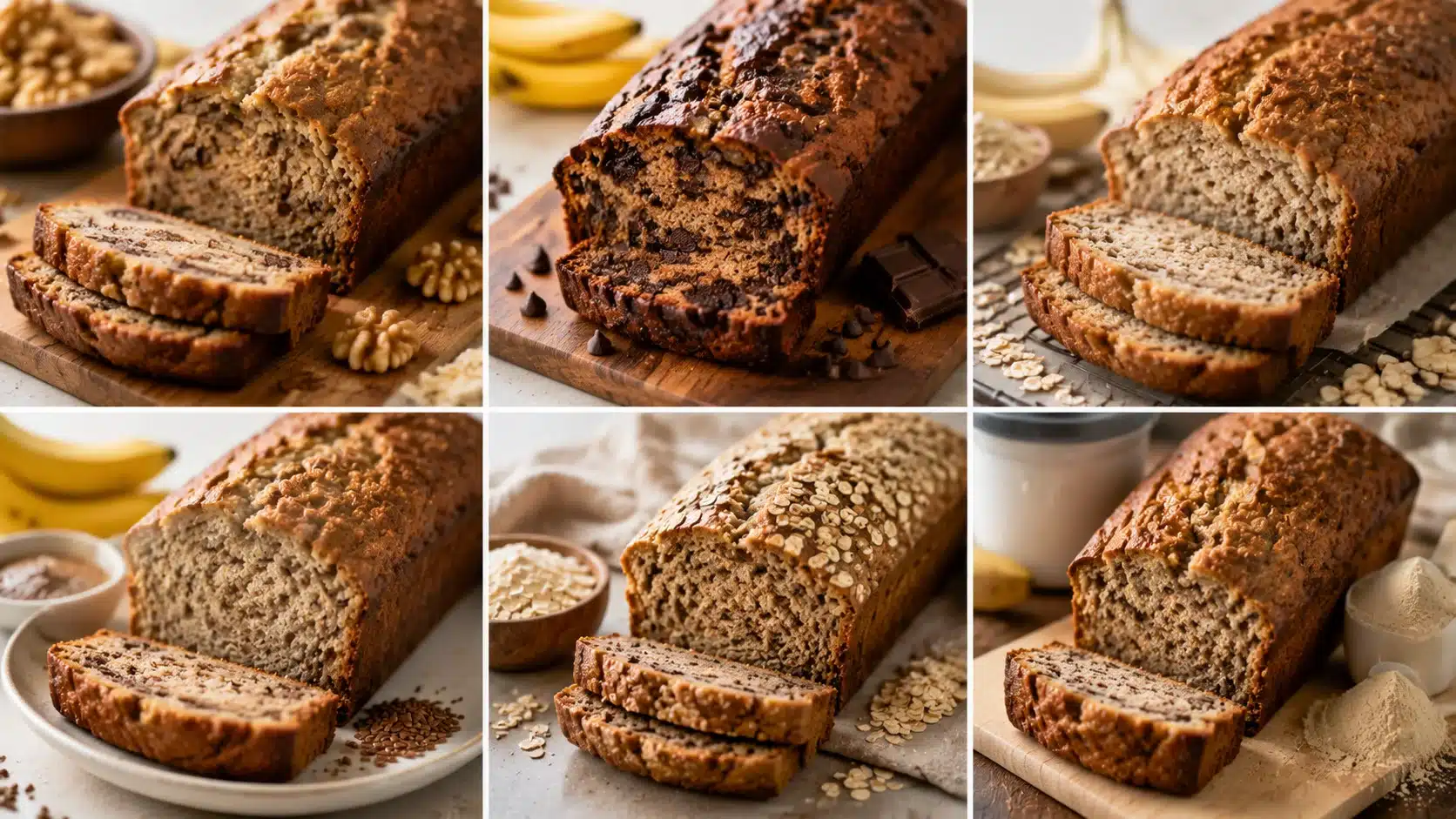 Healthy banana bread loaf with bananas oats yogurt nuts and fiber rich ingredients on a kitchen counter