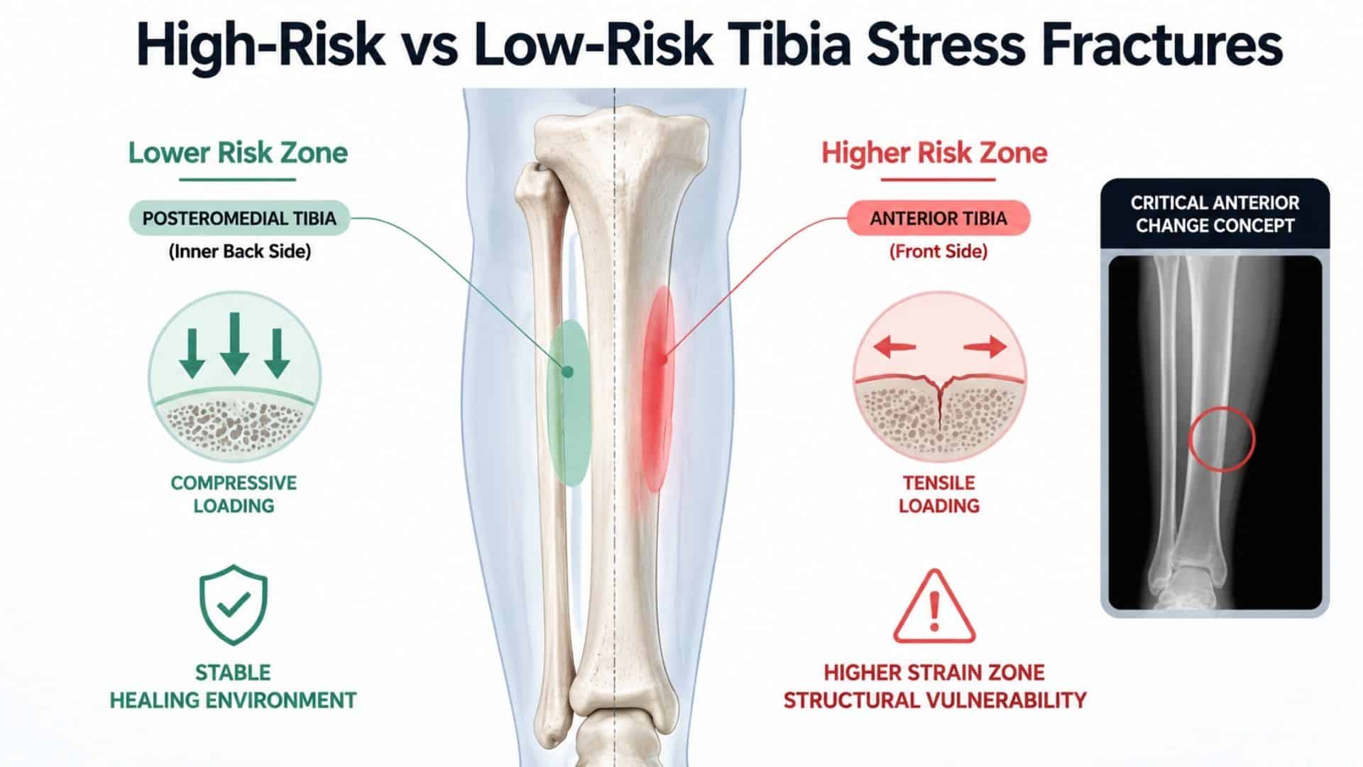 Infographic comparing low-risk and high-risk tibia stress fracture zones in the shinbone anatomy