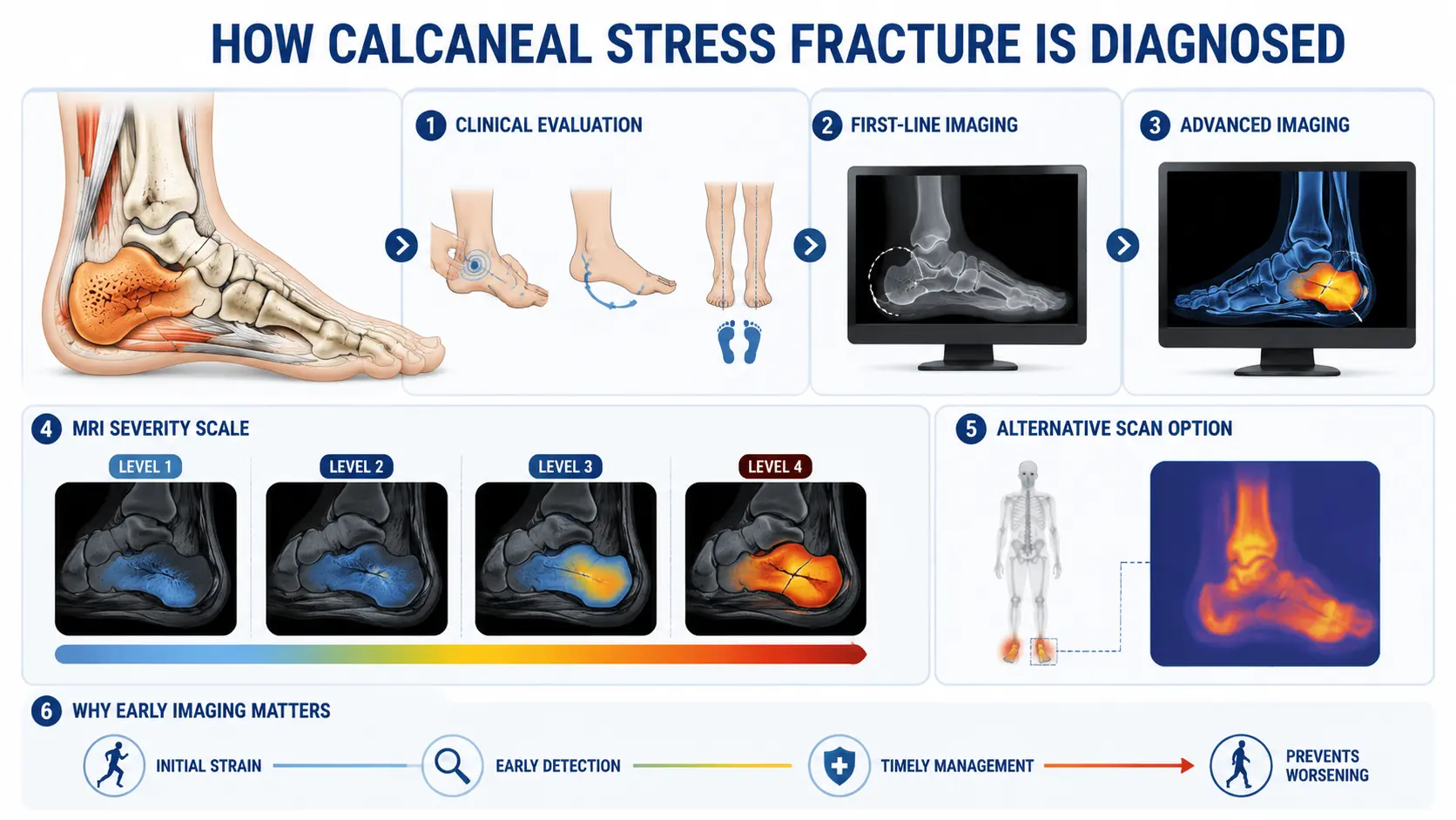 Infographic showing MRI, X-ray, and clinical steps used to diagnose calcaneal stress fracture.