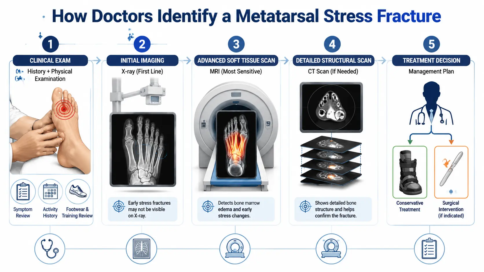Diagnostic flow for metatarsal stress fracture using exam, X-ray, MRI, CT, and treatment planning steps