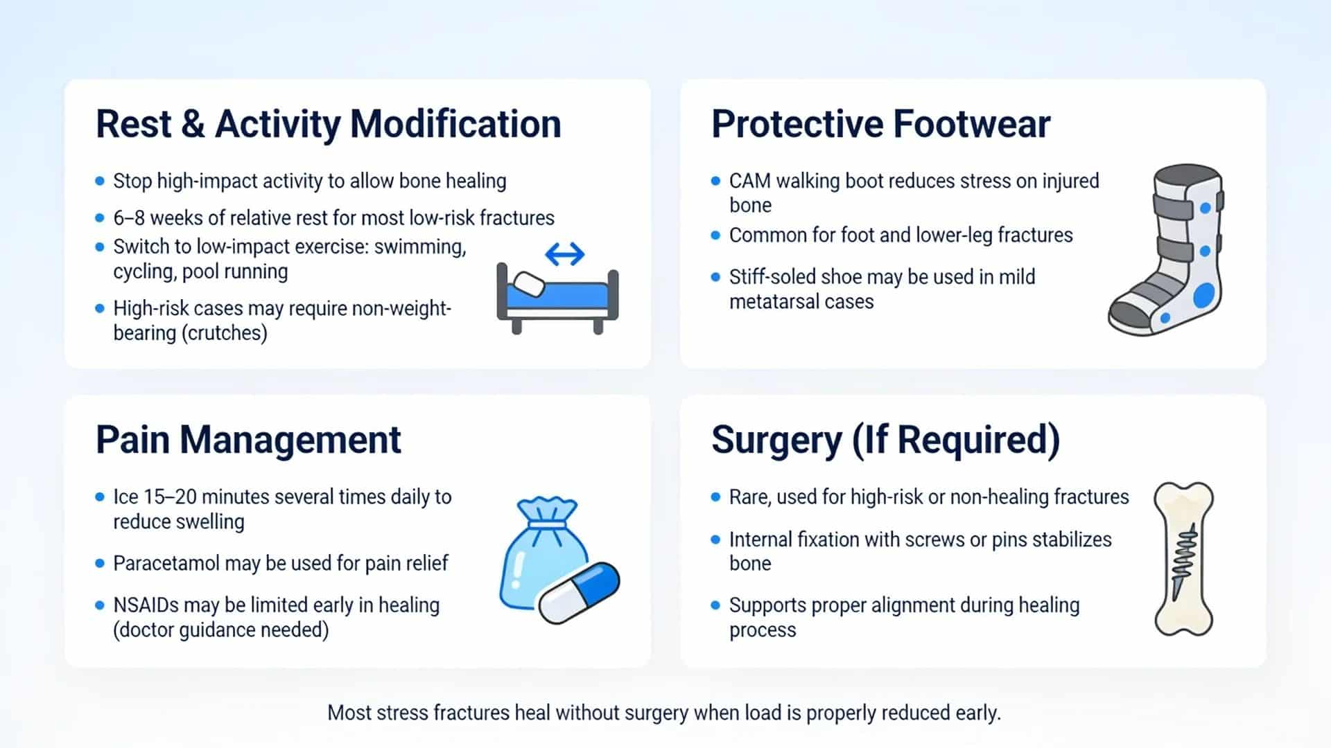 Infographic showing stress fracture treatment steps including rest, boot, pain relief, and surgery.
