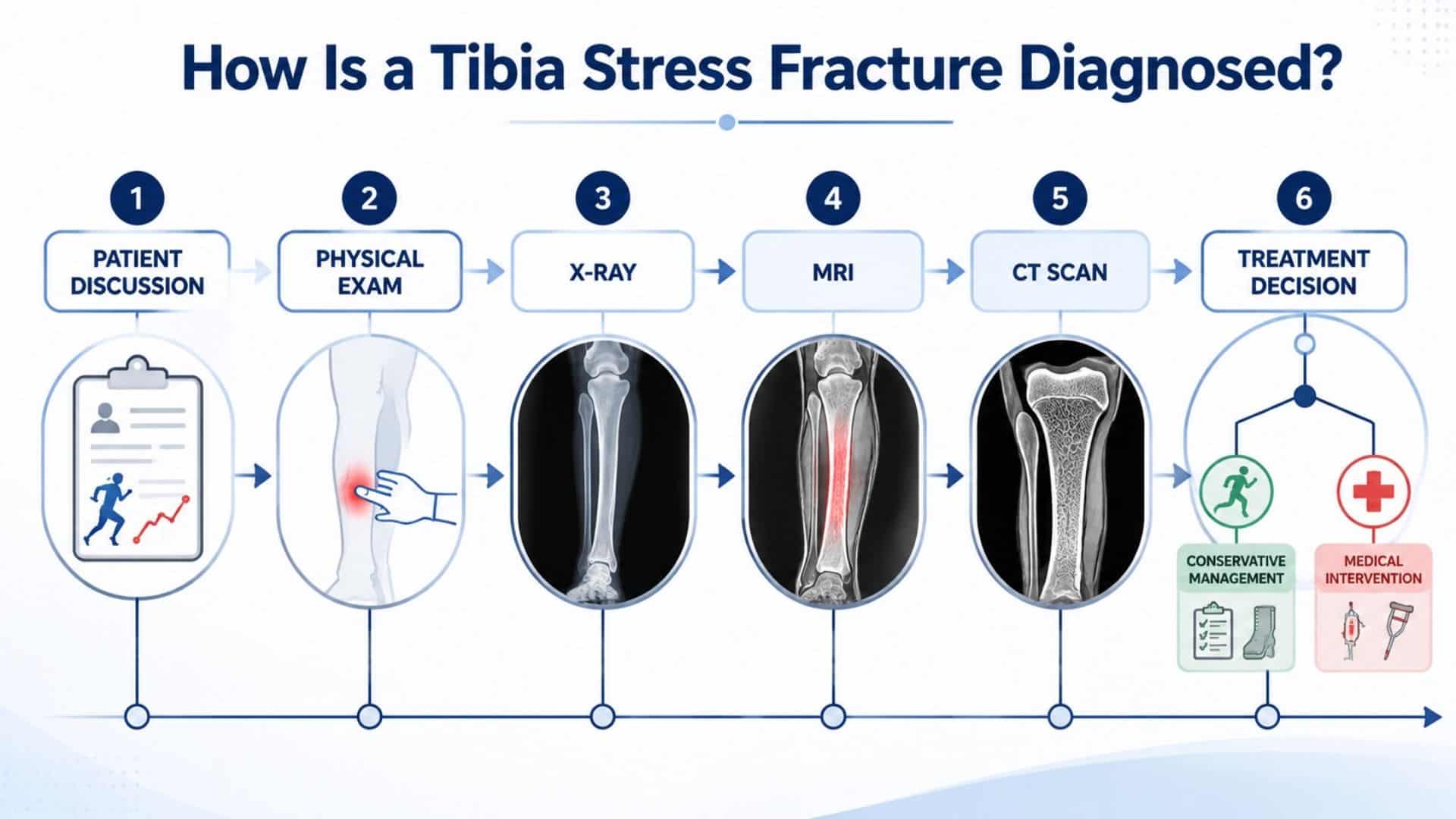 Infographic showing step-by-step diagnosis process for tibia stress fracture using clinical and imaging stages