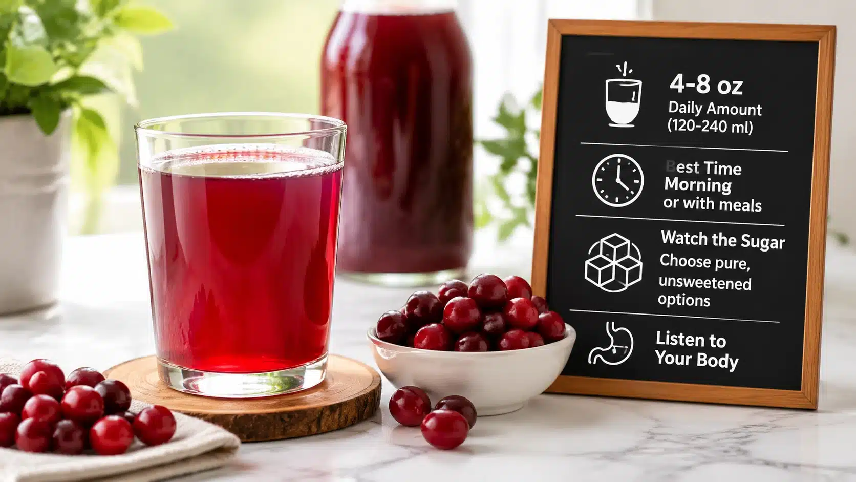 A glass of cranberry juice and fresh cranberries next to a small chalkboard detailing daily serving size and timing recommendations.