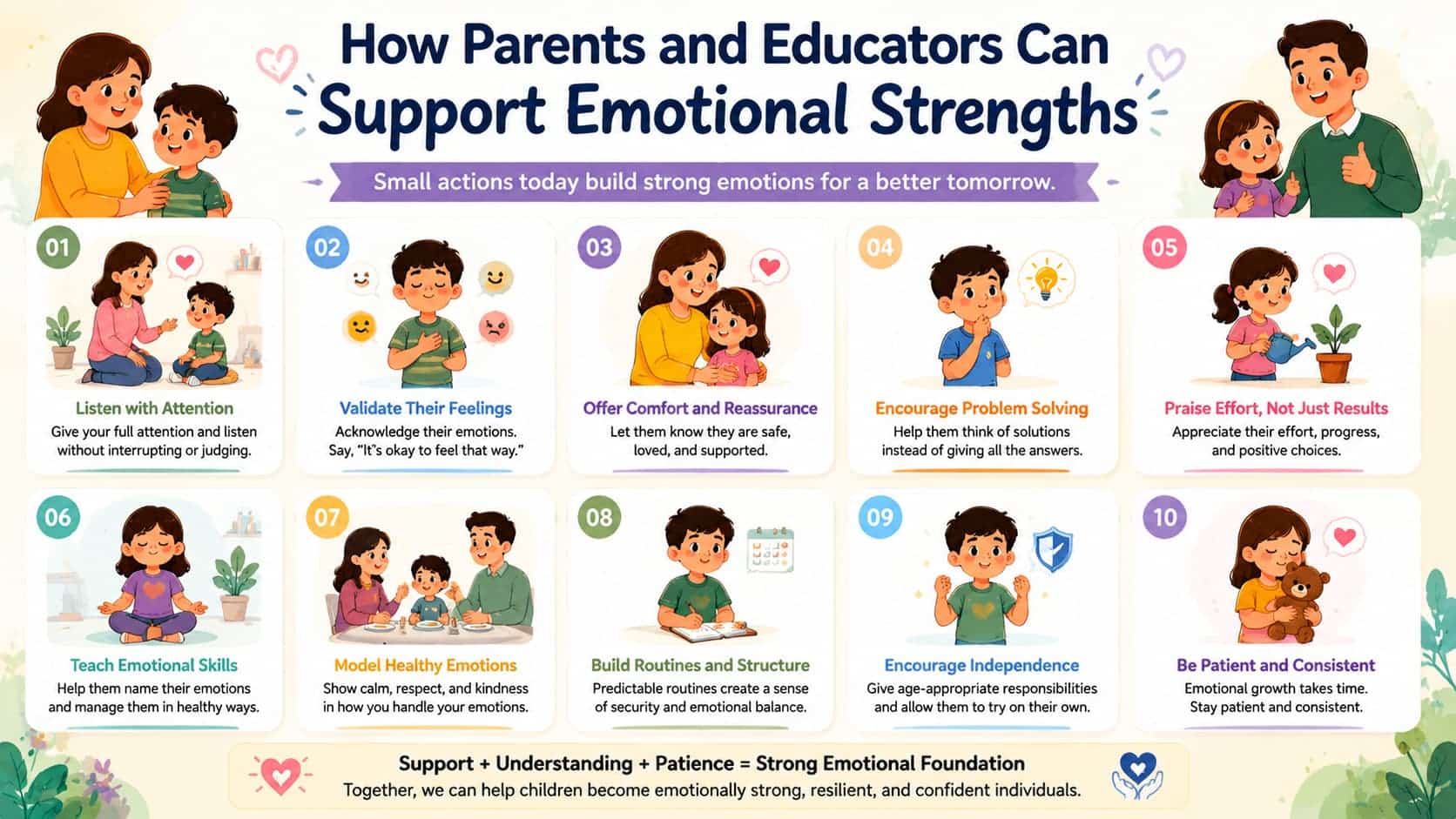 Infographic listing 10 ways parents and educators can support emotional strengths, with colorful illustrations and tips.