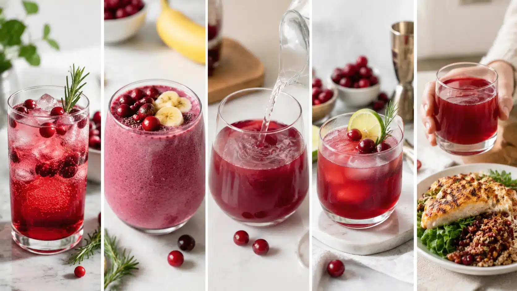 Cranberry juice diet ideas shown in panels with sparkling drinks, smoothies, diluted juice, mocktails, and a balanced meal pairing.