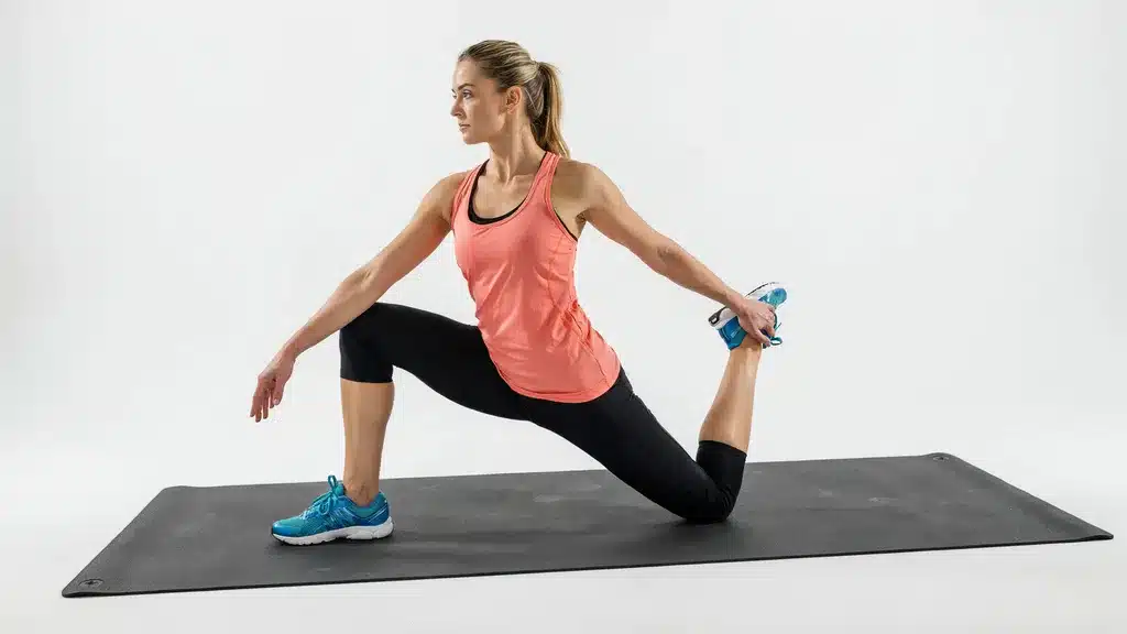 Woman on a yoga mat demonstrating correct form for a kneeling quad stretch, pulling her back foot toward her glute.