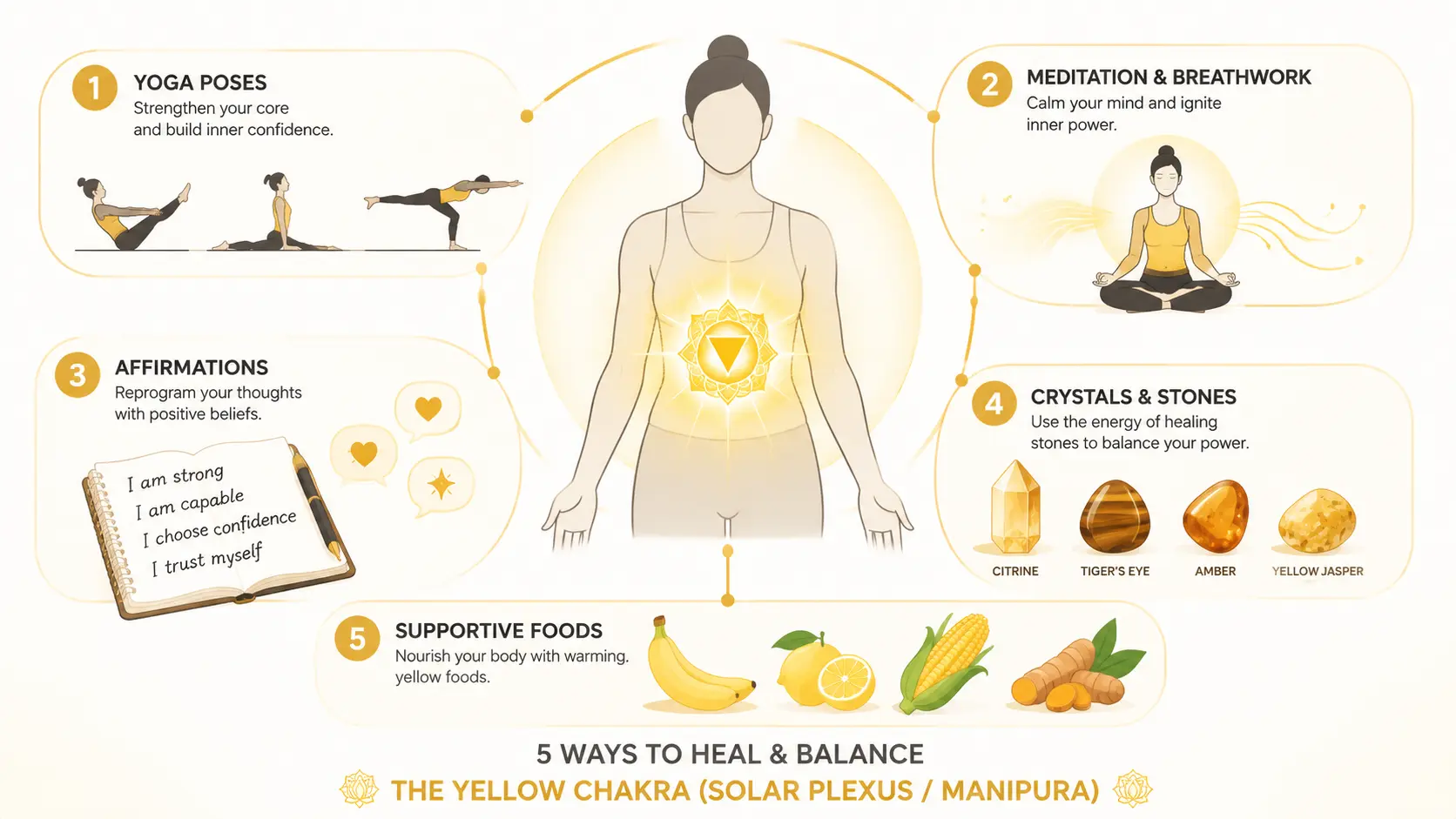 Yellow chakra healing infographic showing yoga, meditation, crystals, affirmations, and supportive foods.