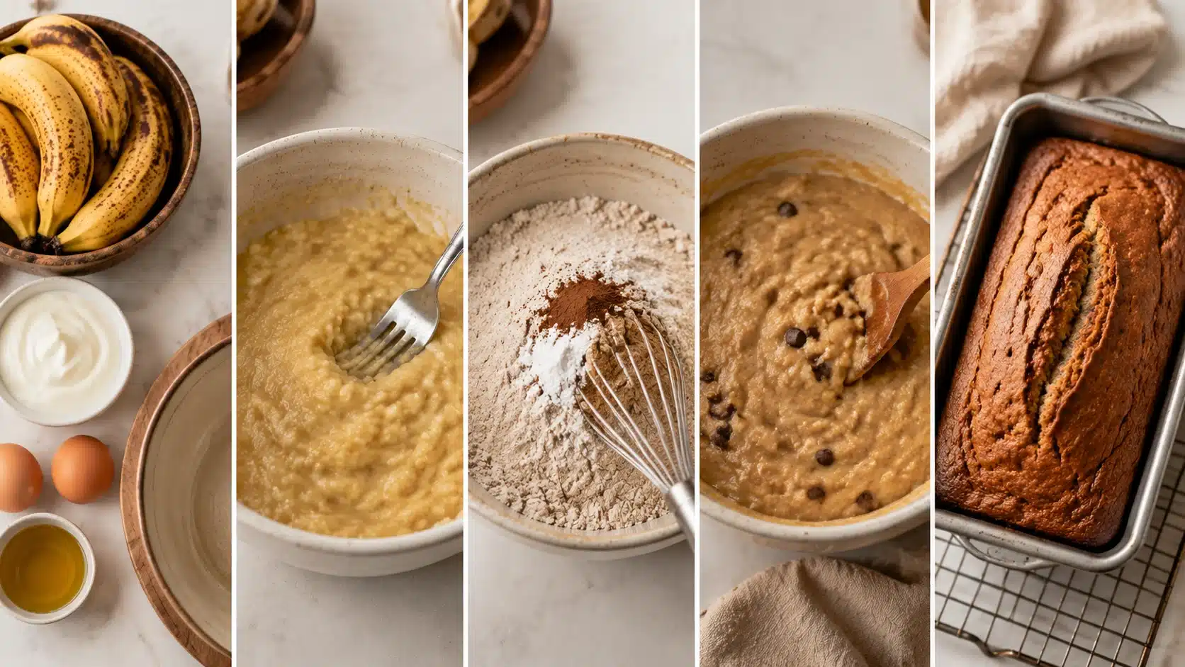 Five-step healthy banana bread preparation showing mashed bananas, mixed batter, baking ingredients, and freshly baked loaf.