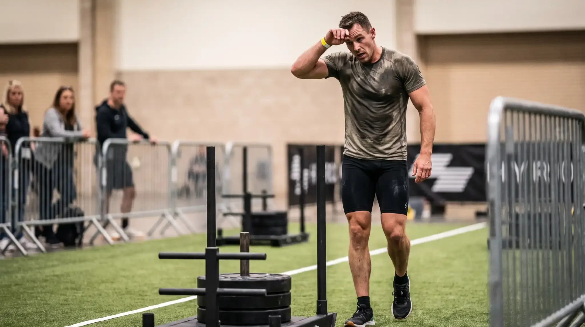 Male HYROX athlete competing in a race with a sled push station, showing the strength and endurance demands of hybrid fitness training.