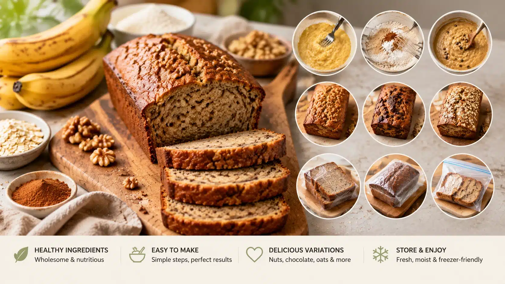 Sliced healthy banana bread stored fresh with airtight container, freezer wrapping, and ingredients on a cozy kitchen surface.
