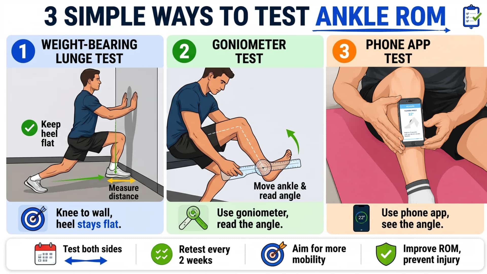 Three methods to test ankle ROM: weight-bearing lunge, goniometer, and phone app, showing ankle positions and angles.