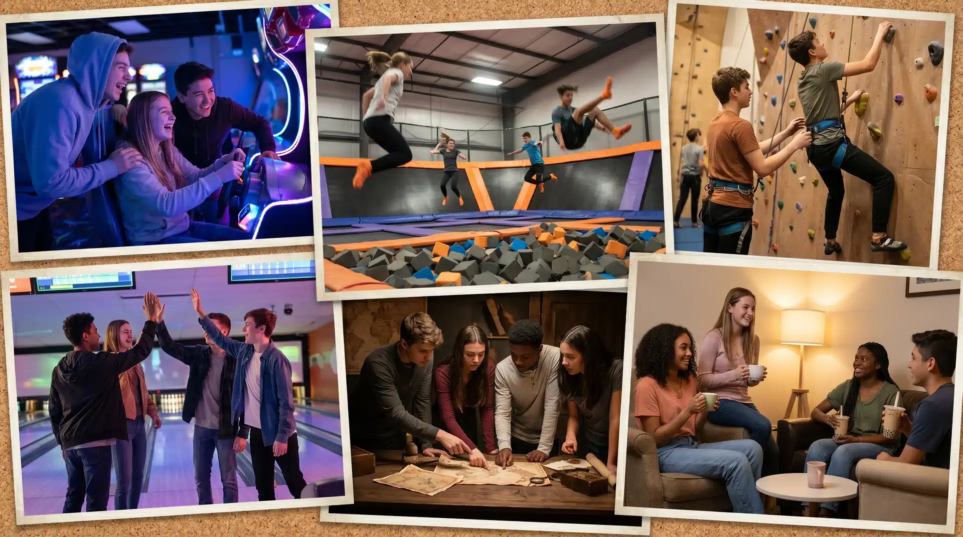 Six-panel collage of teenagers enjoying indoor activities: playing arcade games, jumping on trampolines, climbing, and socializing.