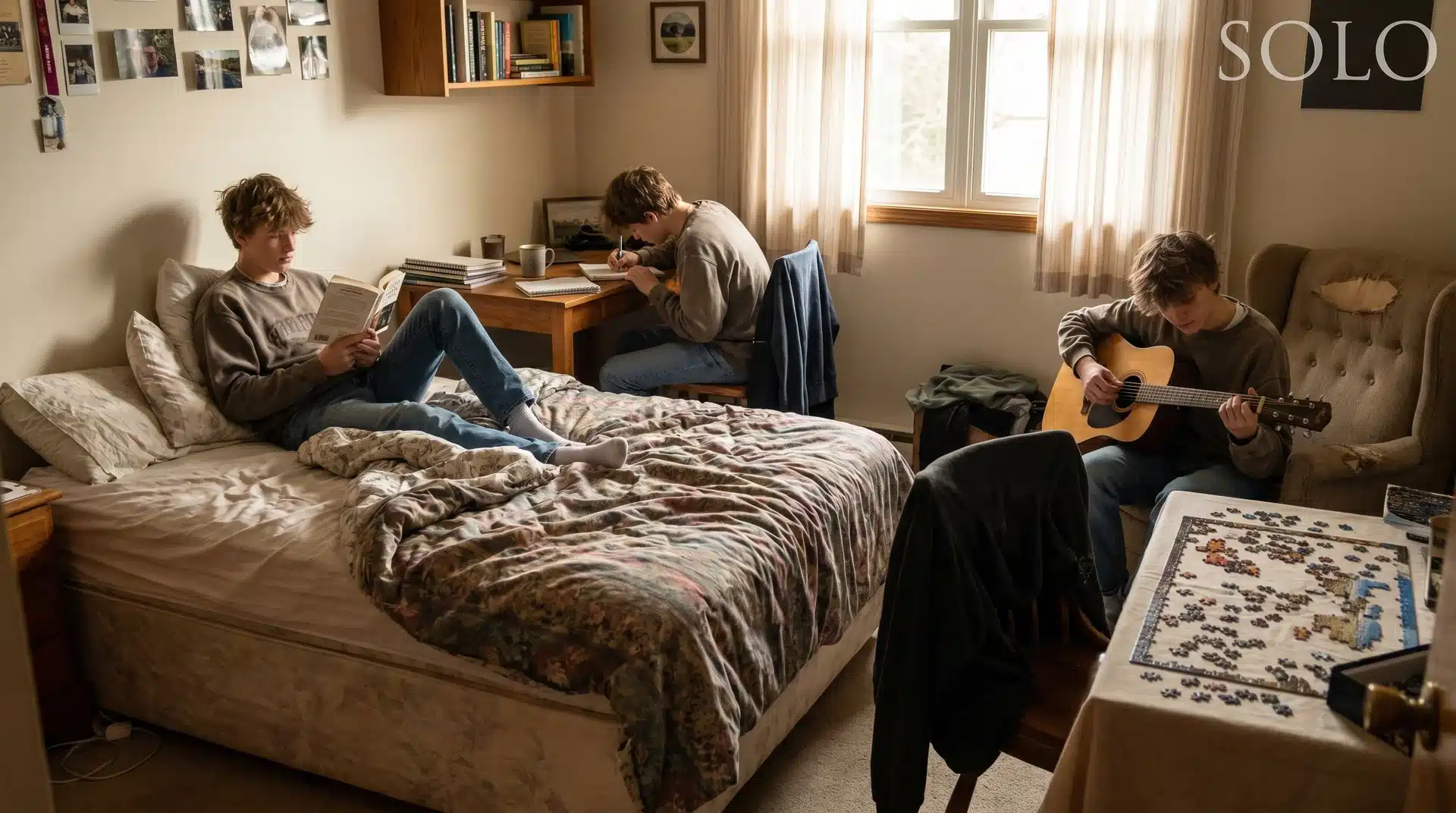 Three teens enjoying solo indoor activities, including reading a book, writing at a desk, and playing guitar.