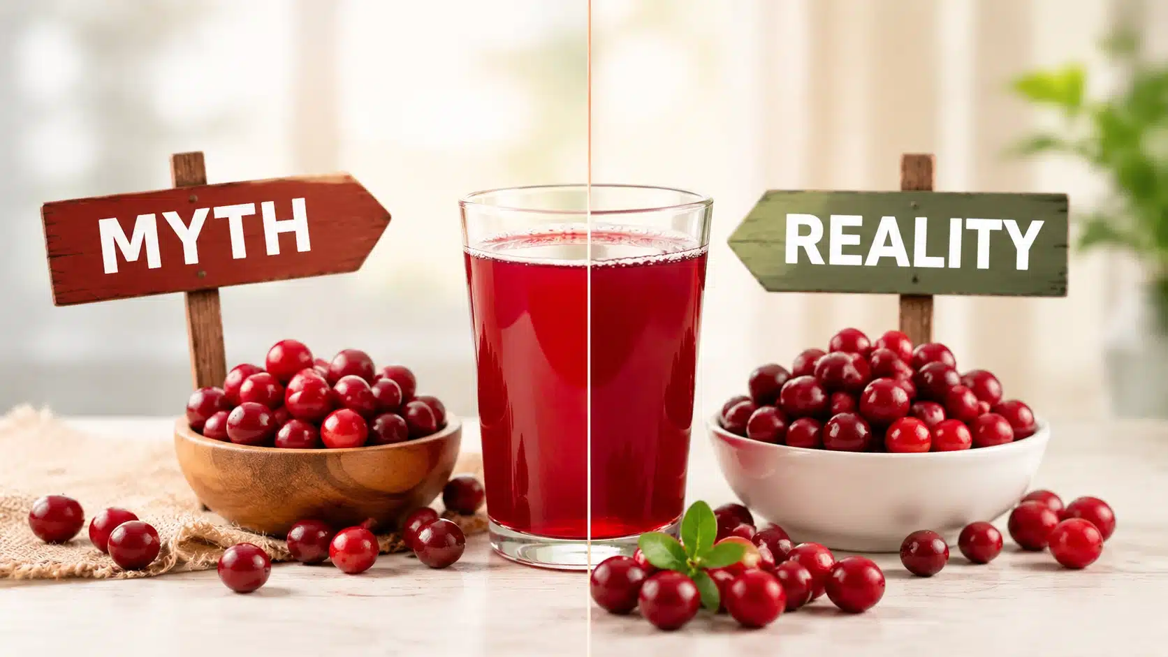 Cranberry juice for UTIs myth or reality shown with fresh cranberries and juice representing research-backed urinary health facts.