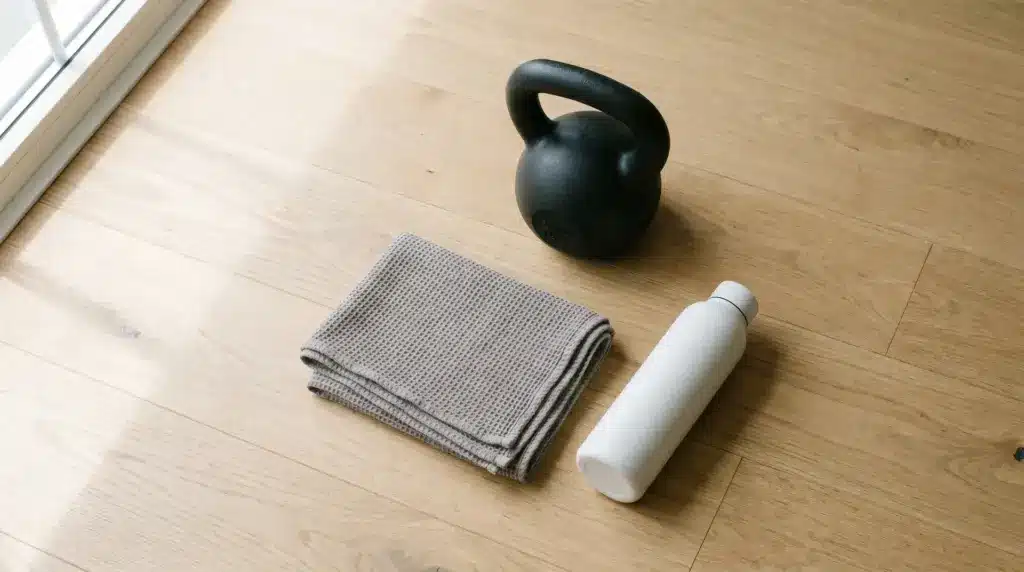 Black kettlebell, a folded grey towel, and a white water bottle placed on a light-colored wooden floor.