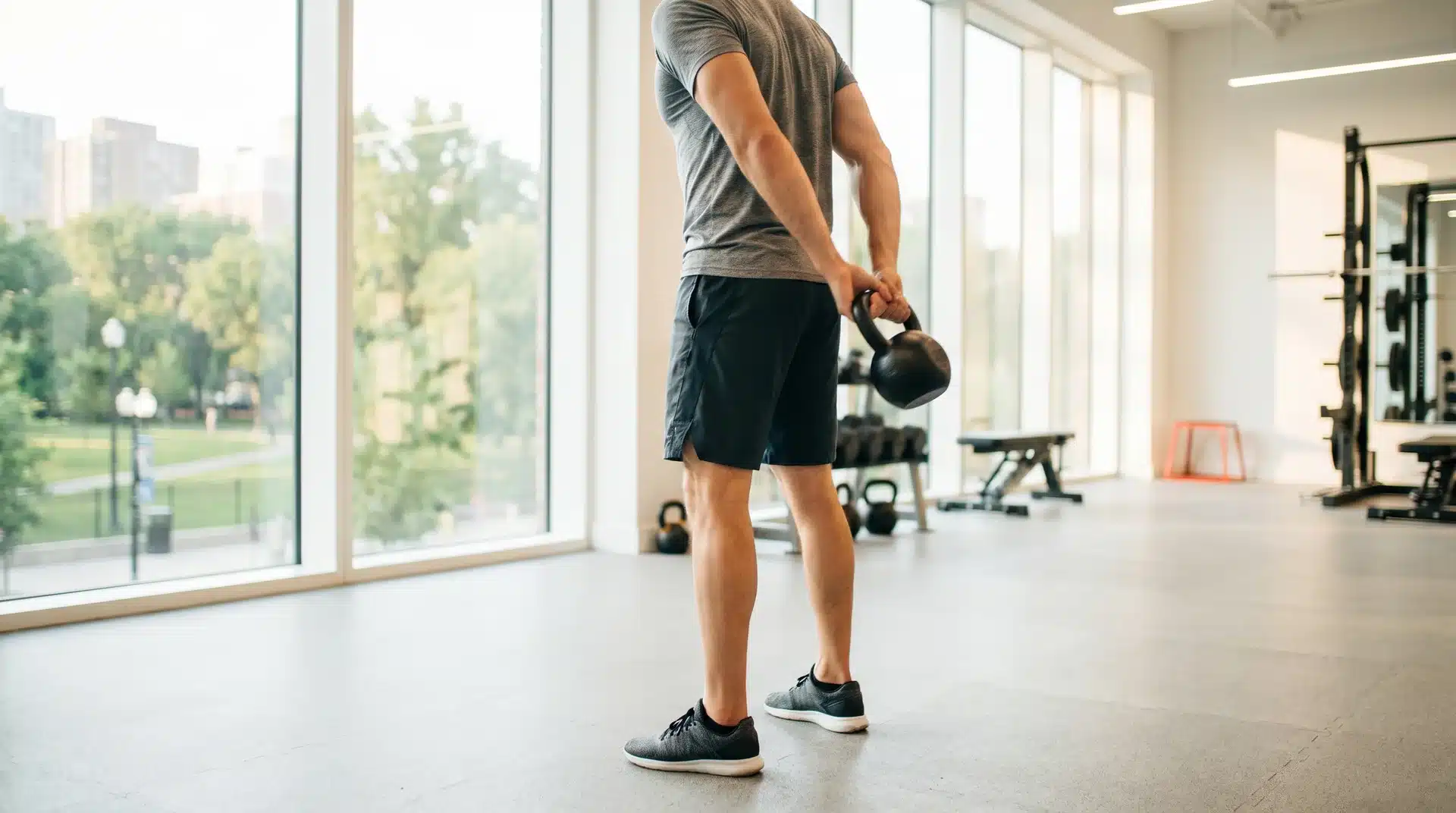 A man standing in a bright gym with his back to the camera, holding a kettlebell behind his waist.