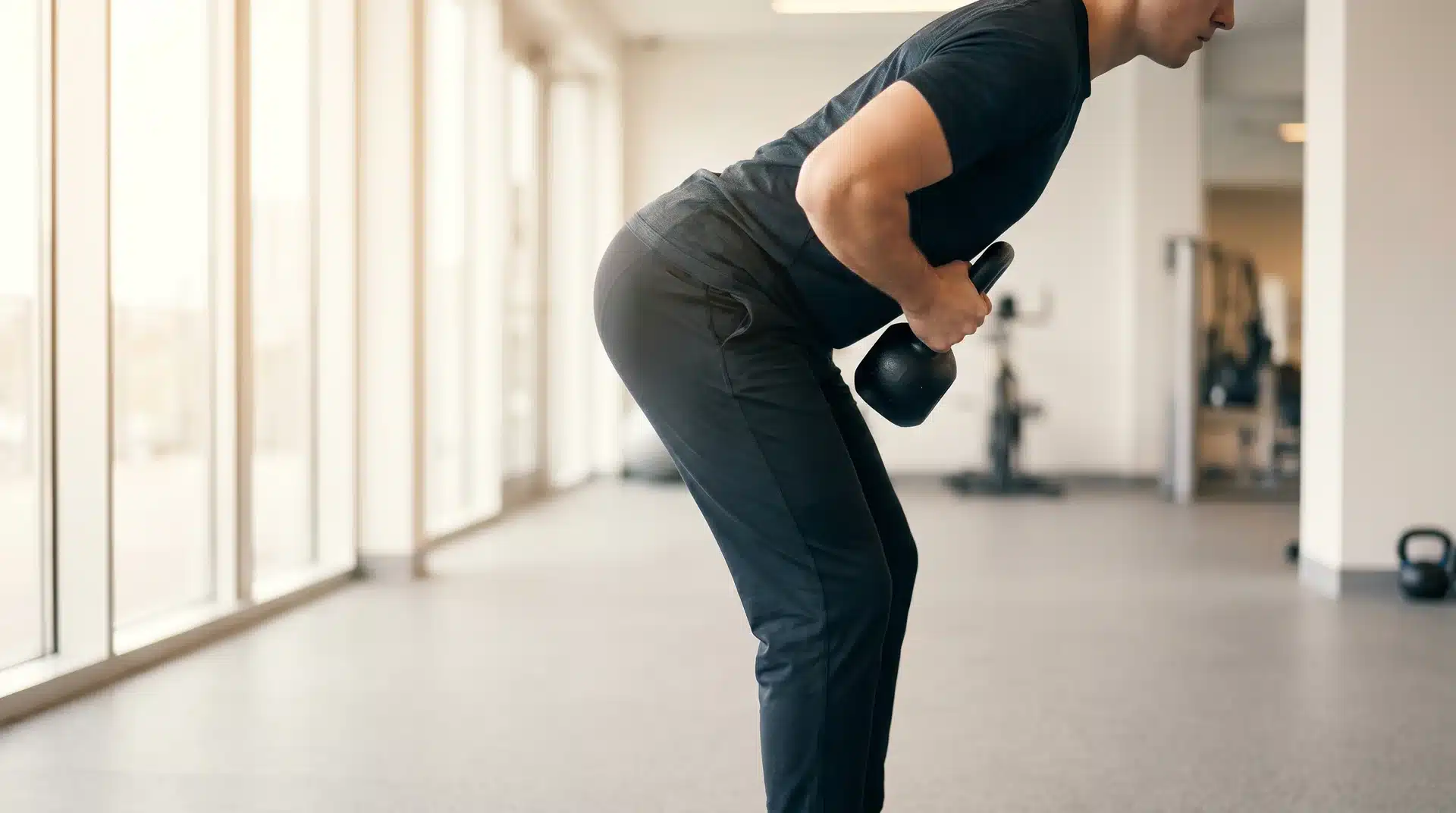 A person in a gym bending forward with a flat back, pulling a black kettlebell toward their chest.